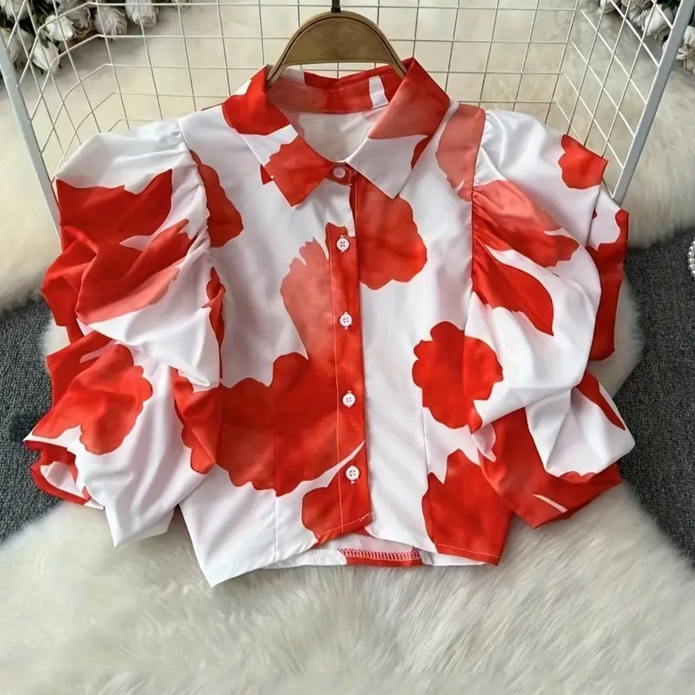 Red Floral Puff Sleeve Blouse – Statement Button-Up Top